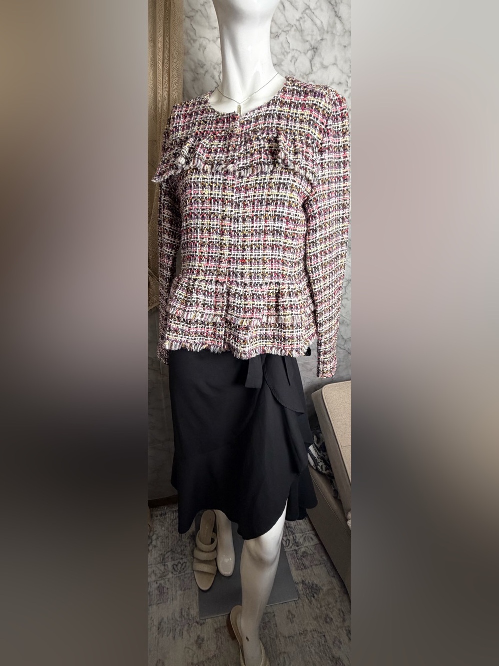 Pink JoplinTweed NWT Peplum Ruffle Jacket Fringe Trim Zip Hidden Placket S Chic